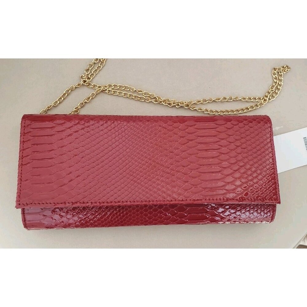 NEW BURGUNDY RED CROCODILES PATTERN PATENT PU LEATHER CLUTCH BAG EVENING